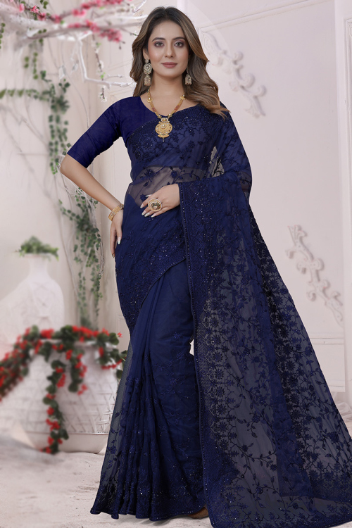 Navy Blue Embroidered Light Weight Net Saree 