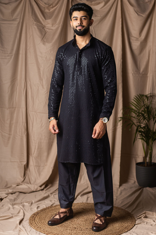 Navy Blue Embroidered Rayon Straight Cut Men's Kurta Pajama