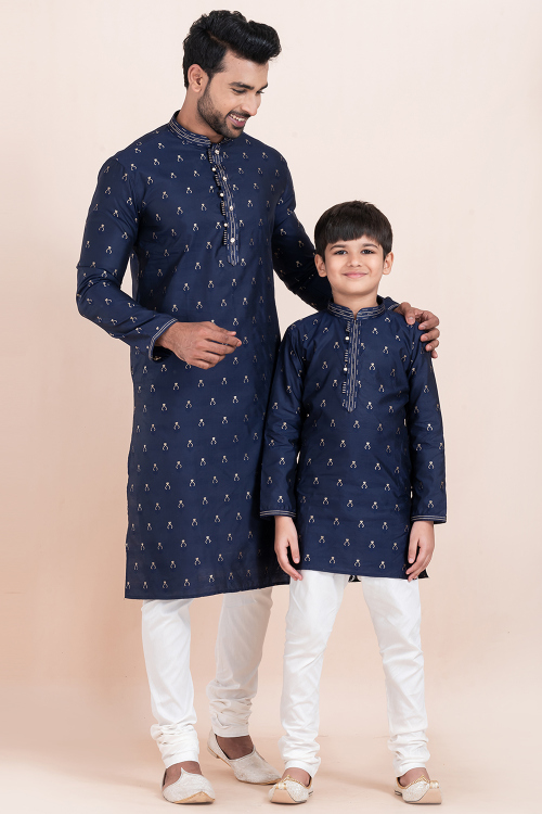 Navy Blue Embroidered Silk Blend Men's Kurta Churidar For Festival
