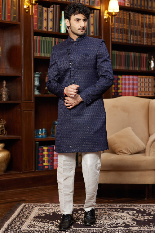 Navy Blue Embroidered Straight Cut Silk Blend Men's Sherwani