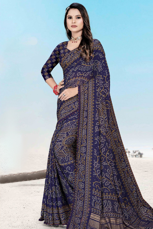 Navy Blue Georgette Bandhej Printed Saree For Casual Wear