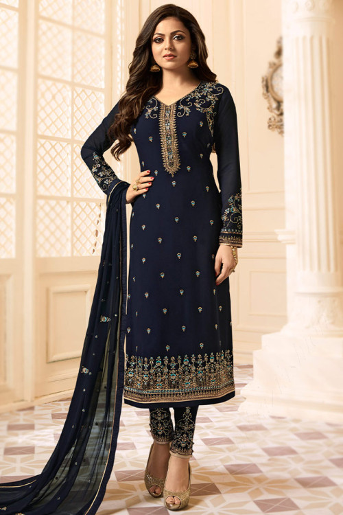 Trouser Suit in Georgette Navy Blue with Zari Work for Eid Party 