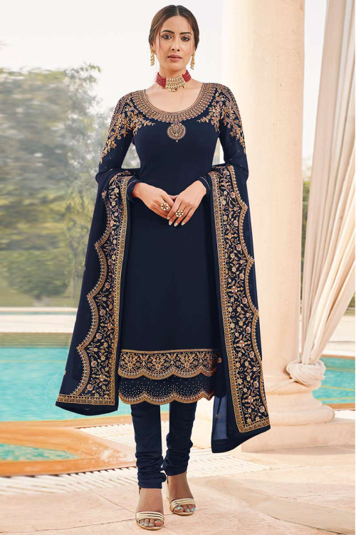 Churidar Suit in Navy Blue Georgette for Party Wear