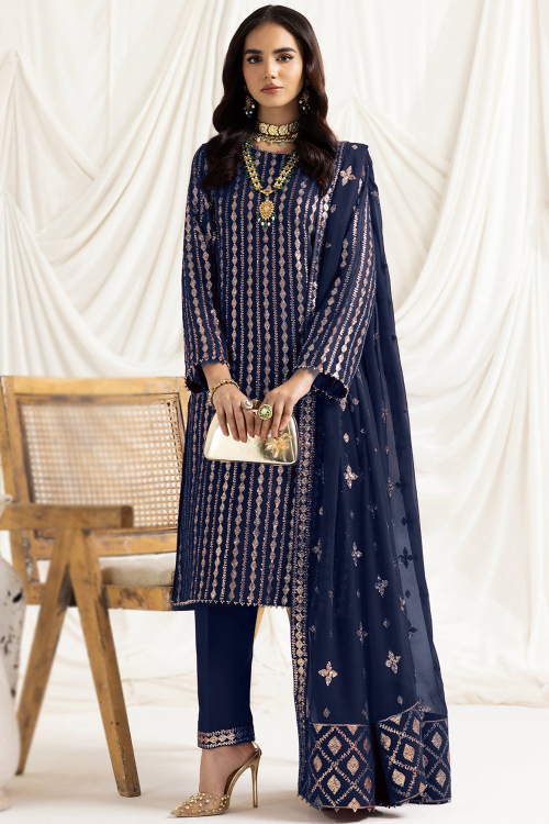 Navy Blue Georgette Embroided Straight Cut Trouser Suit 