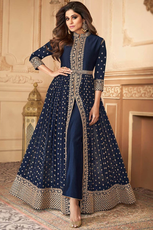 Anarkali Style Anarkali Suit in Georgette Navy Blue for Wedding 