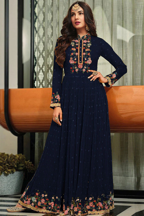 Georgette Anarkali Suit with Resham Work in Navy Blue for Sangeet