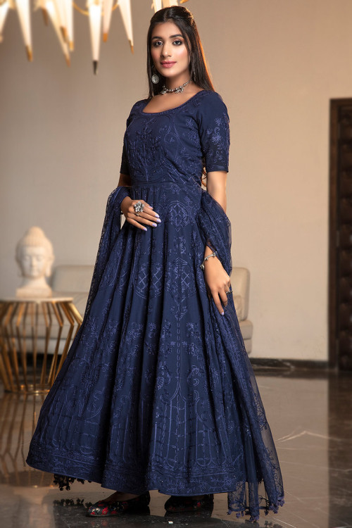 Gown in Georgette Navy Blue with Thread Embroidery for Party 