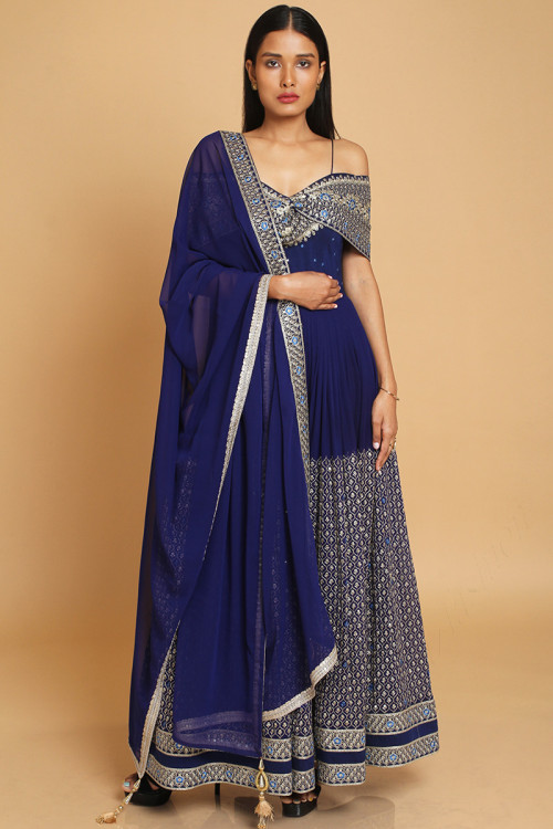 Georgette Navy Blue Thread Embroidered Gown for Eid Party 