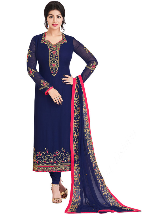 Navy Blue Georgette Embroidered Indian Churidar Suit