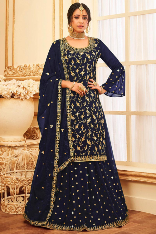 Navy Blue Georgette Embroidered Lehenga Choli 