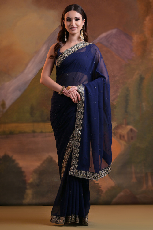 Navy Blue Georgette Embroidered Saree for Special Occasions