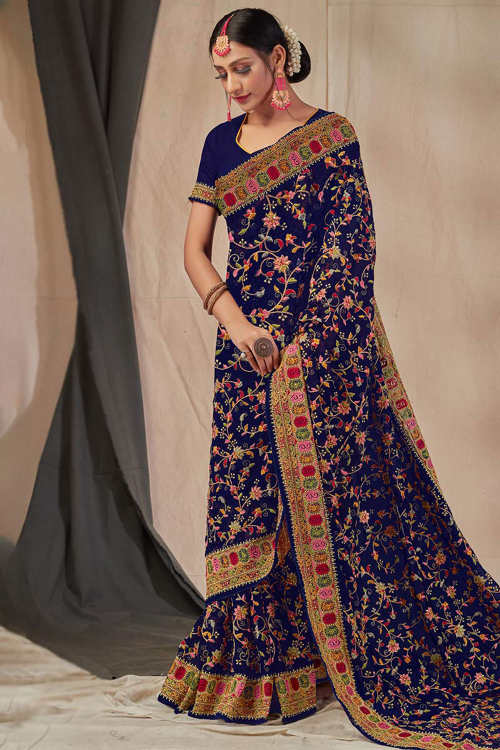 Navy Blue Georgette Embroidered Saree
