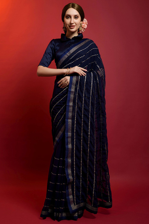 Saree in Georgette Navy Blue with Zari Embroidery for Party 