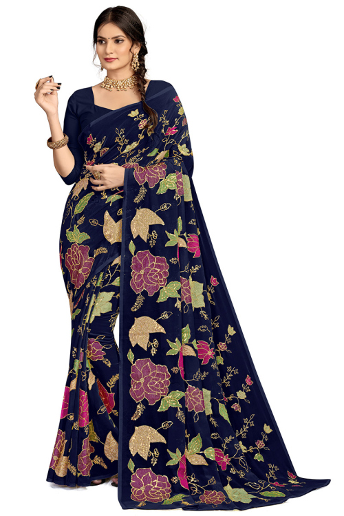 Navy Blue Georgette Saree for Party Wear with Sequins Work