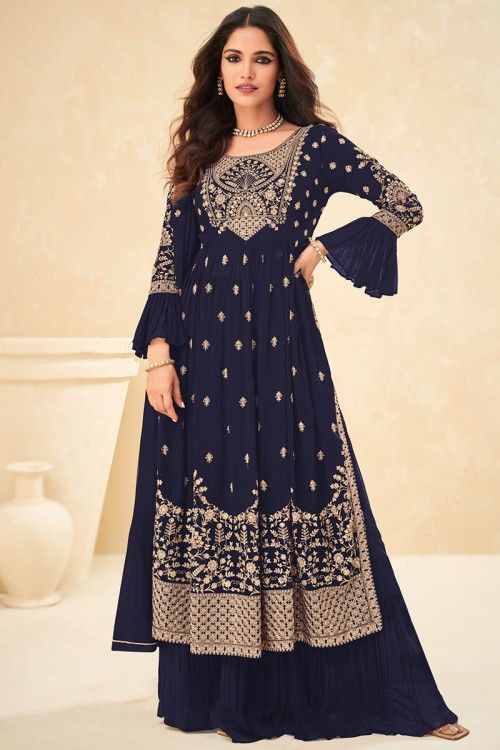 Sharara Suit Georgette Navy Blue with Sequins Work for Wedding 