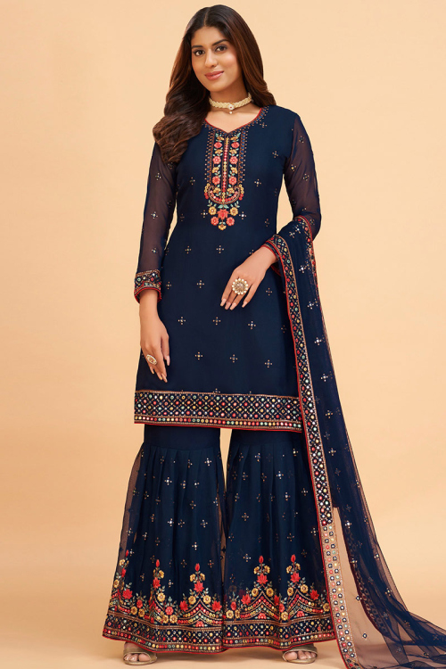 Party Wear Thread Embroidered Navy Blue Sharara Suit in Georgette
