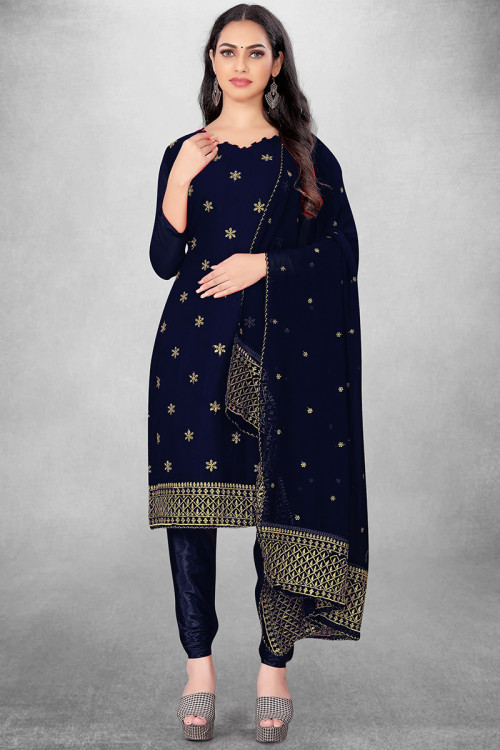 Navy Blue Georgette Embroidered Straight Cut Churidar Suit