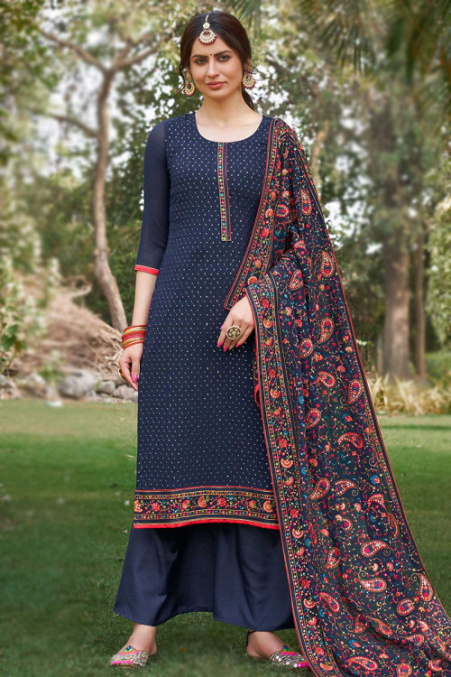 Navy Blue Georgette Embroidered Straight Cut Palazzo Suit