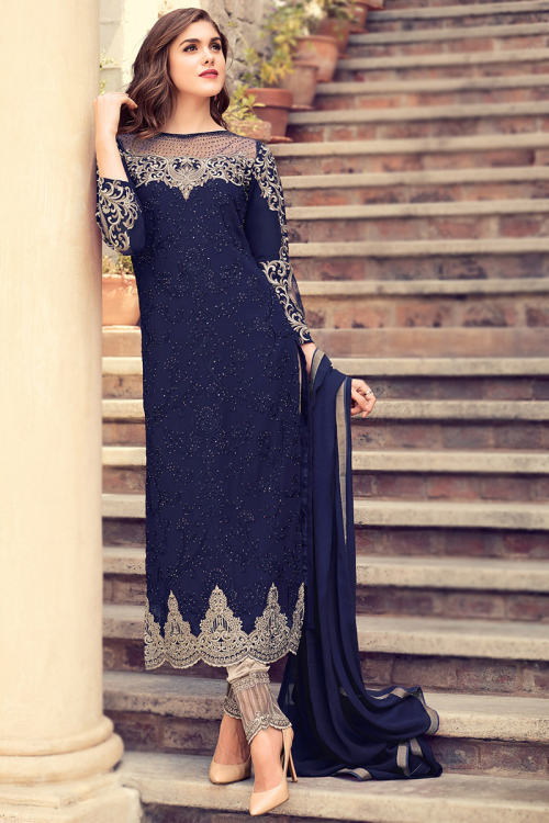 Navy Blue Georgette Embroidered Straight Cut Trouser Suit 