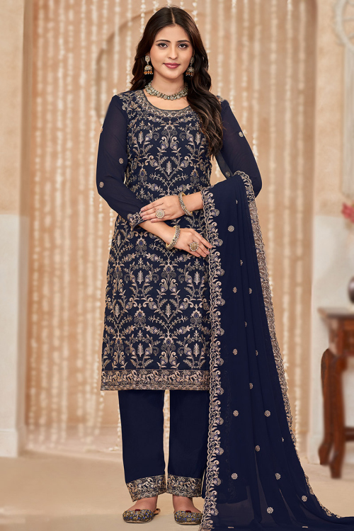 Navy Blue Georgette Embroidered Straight Cut Trouser Suit
