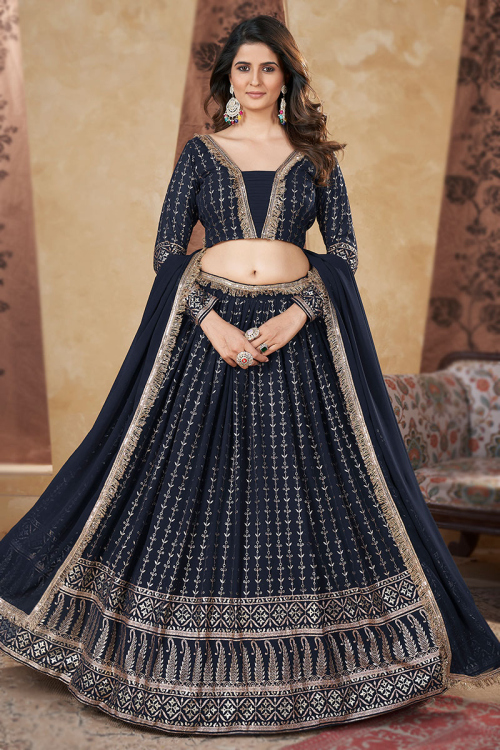 Navy Blue Georgette Foil Print Flared Style Lehenga For Sangeet 