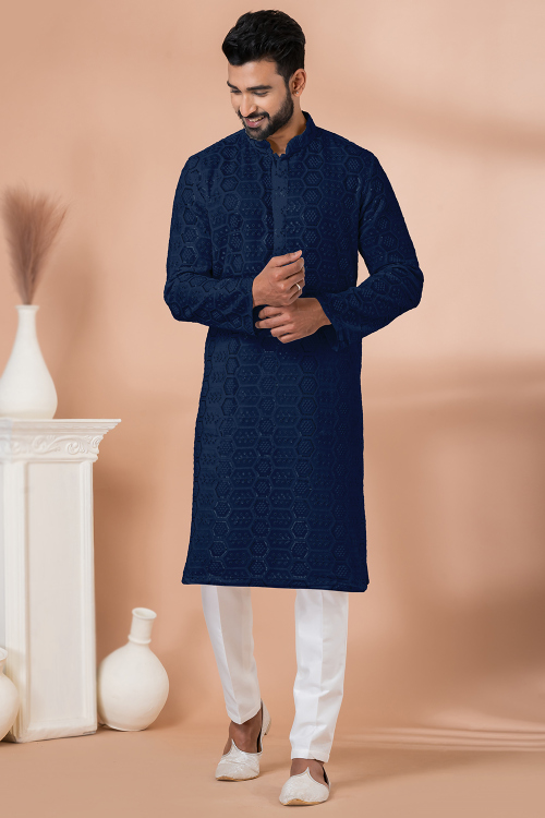 Navy Blue Georgette Men's Kurta Pajama With Sequins Work