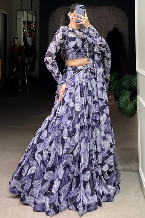 Navy Blue Georgette Printed Flared Lehenga