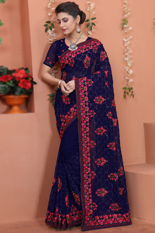 Thread Embroidered Navy Blue Party Wear Saree in Georgette