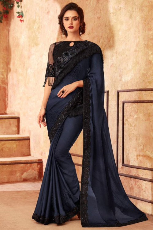 Navy Blue Georgette Saree With Net Blouse