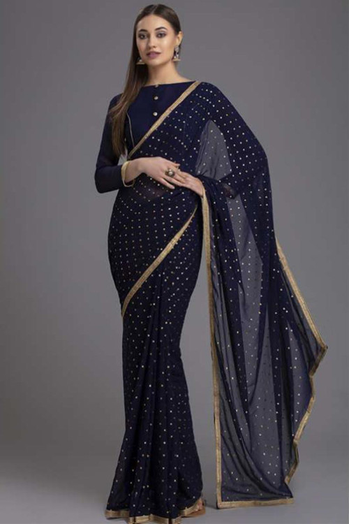 Navy Blue Georgette Woven Zari Saree for Eid With Silk Blouse