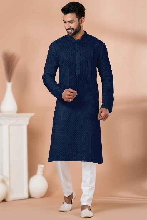 Navy Blue Georgette Sequins Embroidered Men's Kurta Pajama