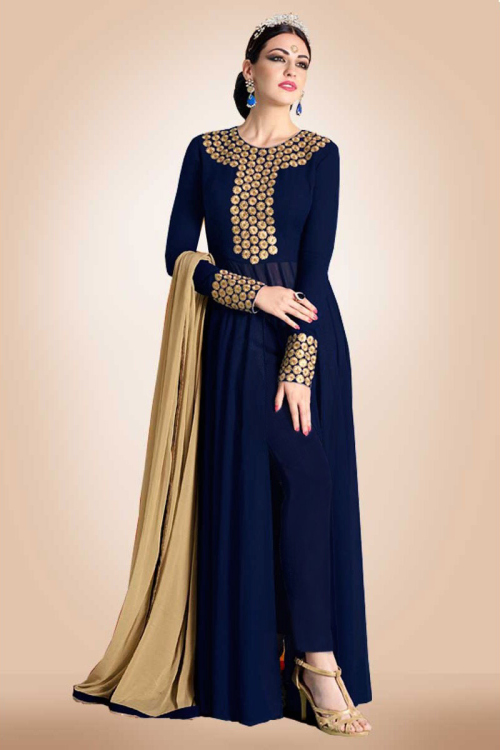 Navy Blue Georgette Straight Cut Trouser Suit With Dupatta