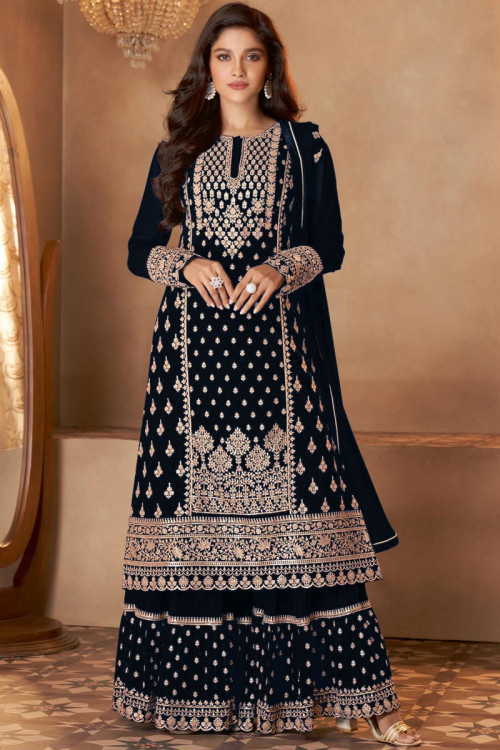 Navy Blue Georgette Wedding Wear Embroidered Sharara Suit
