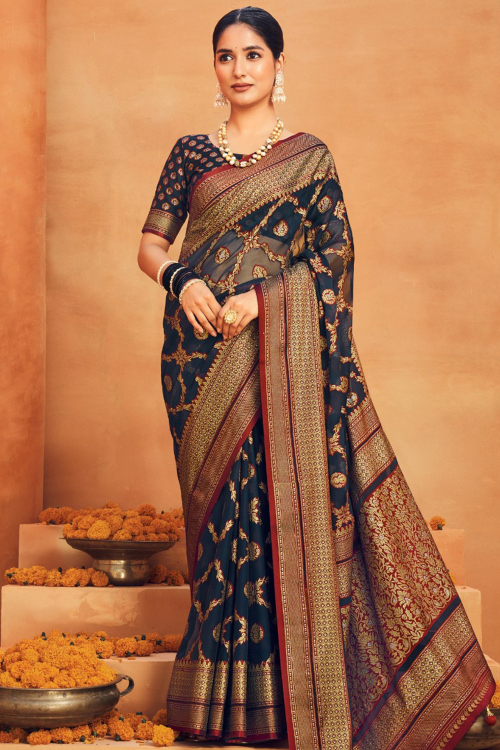 Navy Blue Georgette Woven Zari Broad Border Saree