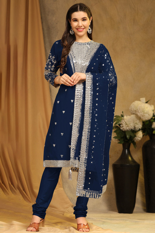 Navy Blue Georgette Zari Embroidered Straight Cut Suit