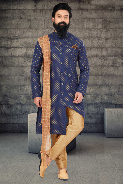 Navy Blue Indo-Western Foil Print Cotton Silk Men's Sherwani 