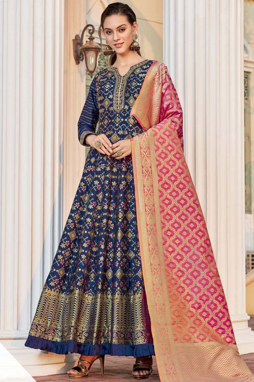 Ethnic Wears Jacquard Navy Blue Anarkali Suit LSTV08295