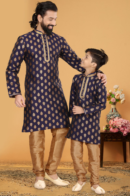 Navy Blue Jacquard Father Son Duo Kurta With Churidar
