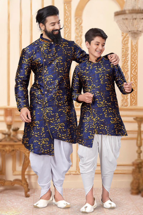 Navy Blue Jacquard Father Son Duo Sherwani
