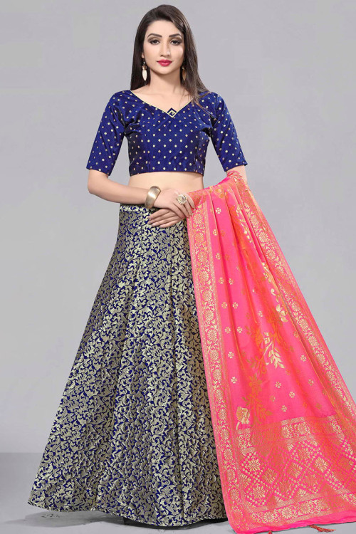 Jacquard Navy Blue Weaved Thread Embroidered Party Wear Lehenga