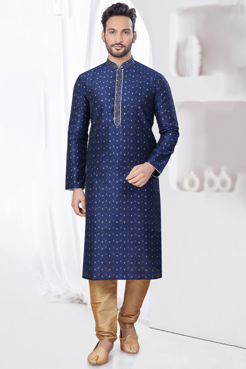 Navy Blue Jacquard Weaved Thread Straight Cut Men's Kurta Churidar 