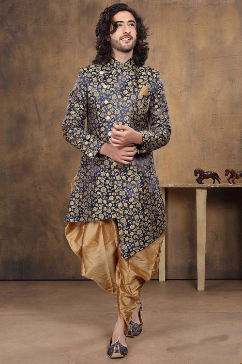 Navy Blue Jacquard Woven Men Sherwani