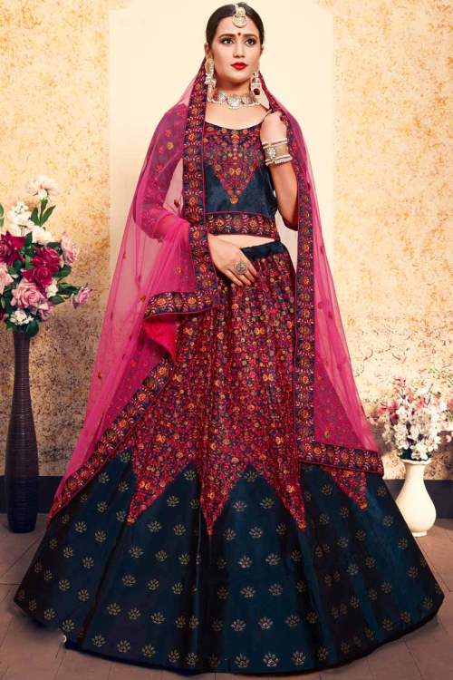 Navy Blue Satin Hand Embroidered Lehenga