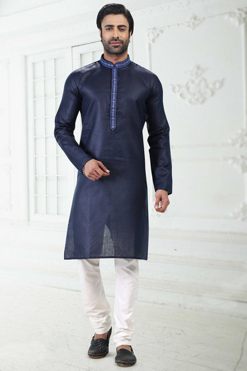 Lace Work Navy Blue Men Kurta in Linen for Party 