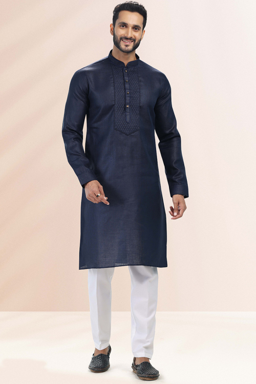 Navy Blue Linen Straight Cut Men Kurta Pajama