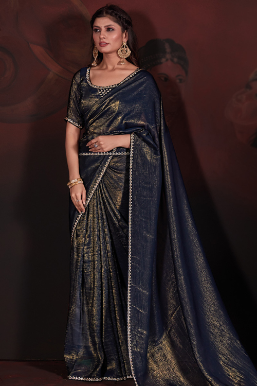Navy Blue Metallic Chiffon Sangeet Saree