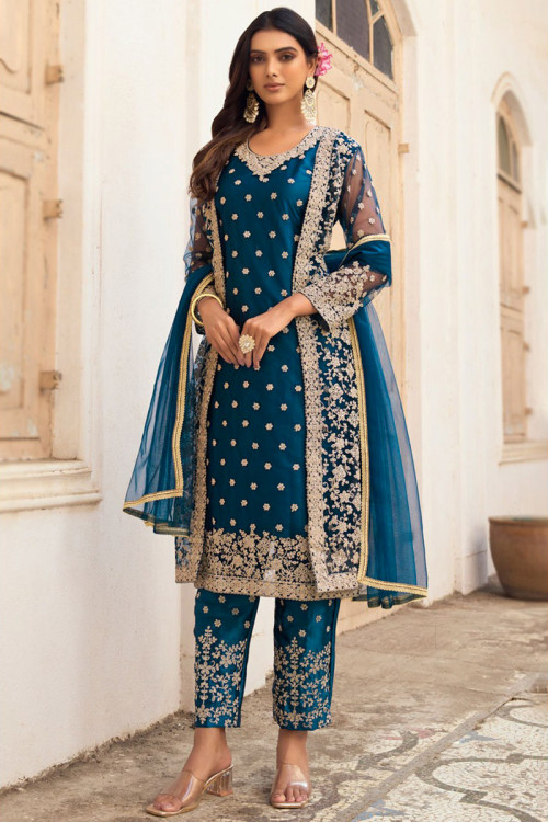Buy Teal Blue Premium Designer Fancy Chinon Sequins Salwar Suit | Palazzo Salwar  Suits