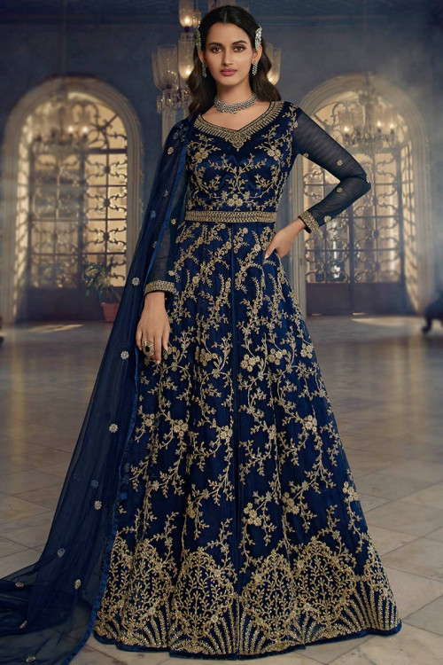 Net Anarkali Suit with Resham Embroidery in Navy Blue for Sangeet