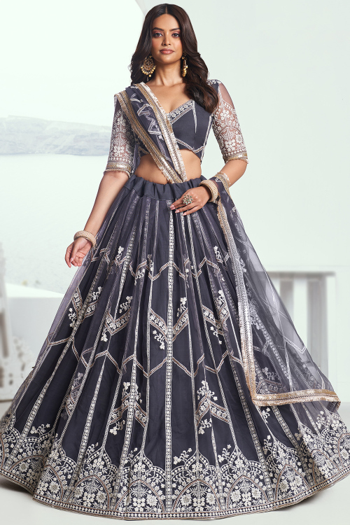 Navy Blue Net Embroidered Flared Style Lehenga