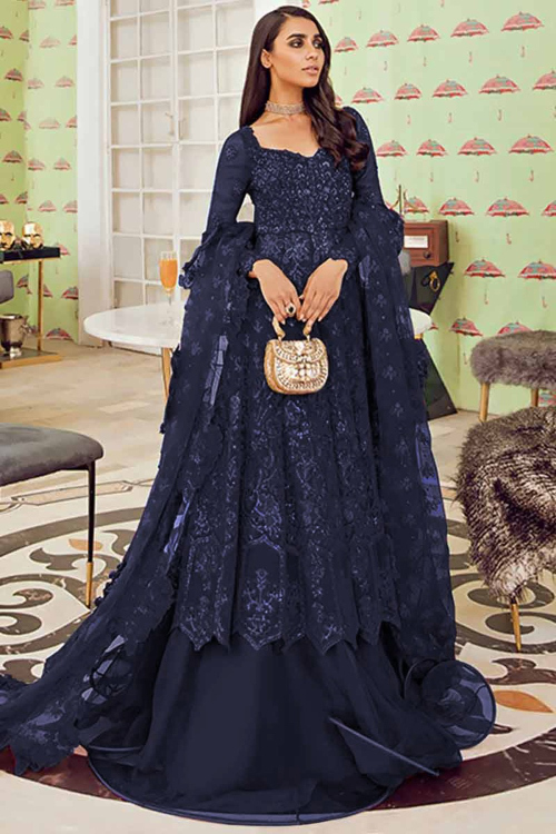 Pakistani Navy Blue Net Wedding Lehenga With Long Choli
